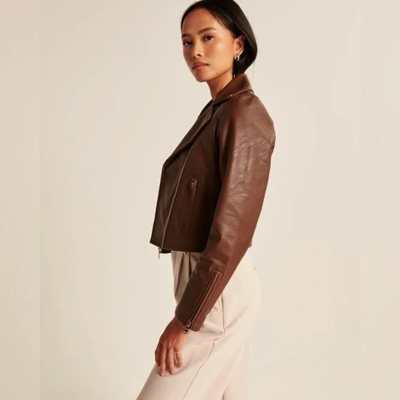 NWT Abercrombie & Fitch Vegan Leather Moto Jacket in Dark Brown - Picture 4 of 9